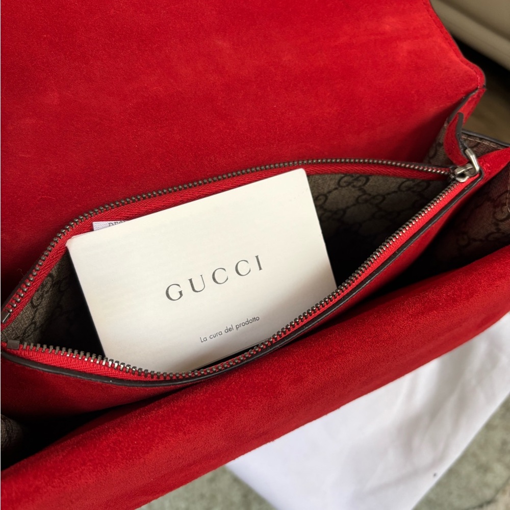 Designer Inspired G G Supreme Shoulder Bag in Brown Monogram with Red Suede - Picture 12 of 14